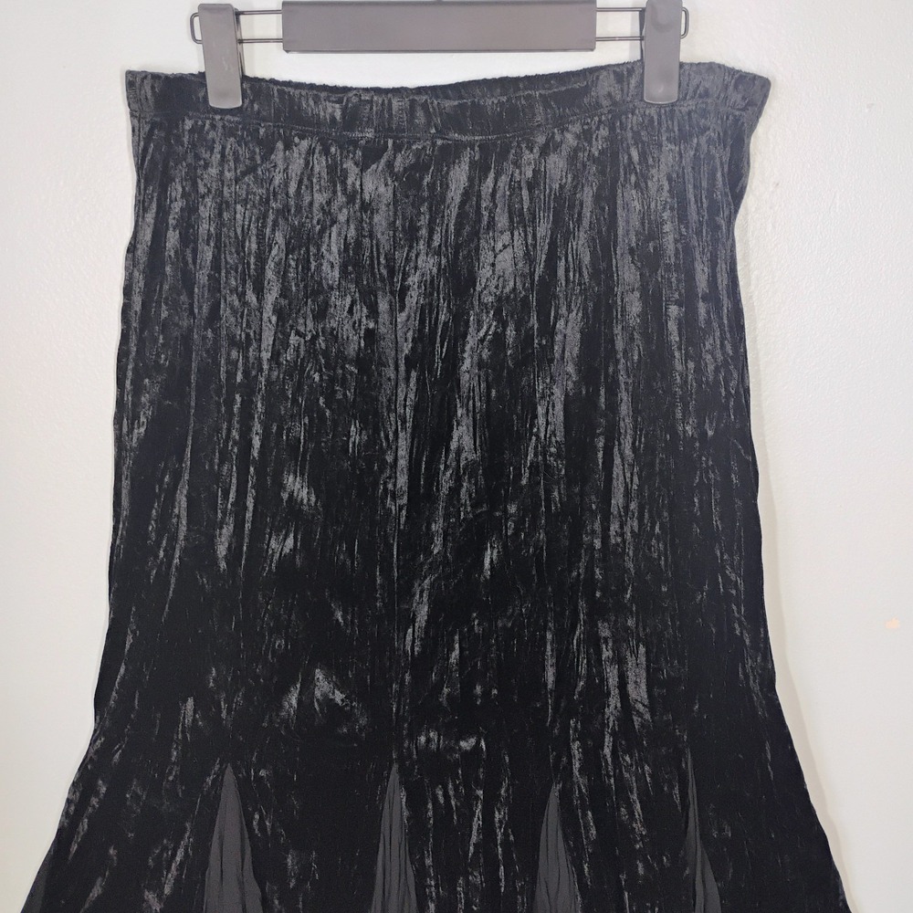 Y2K Crushed Velvet Burnout Midi Skirt Sz L Black Tulip Flared Godet Goth Witchy - Picture 2 of 9